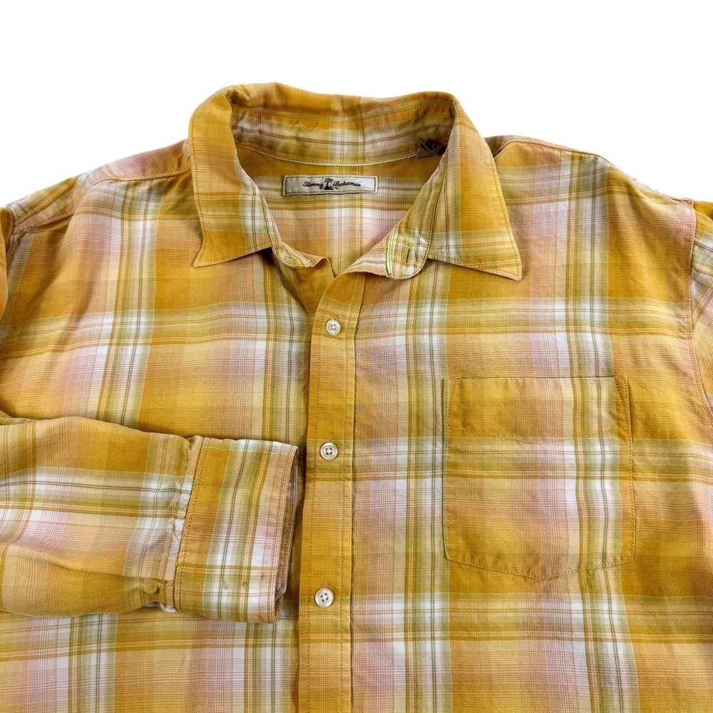 Tommy Bahama Shirt Mens XL Yellow Plaid Tencel Lyocell Long Sleeve Casual Office